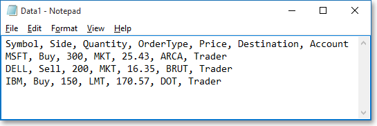 notepad doc of symbol, side, quantity, ordertype, price, destination, and account data