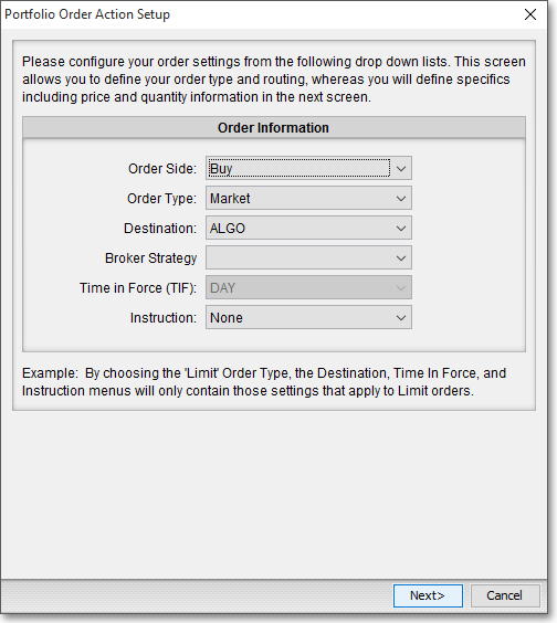 single order action setup window